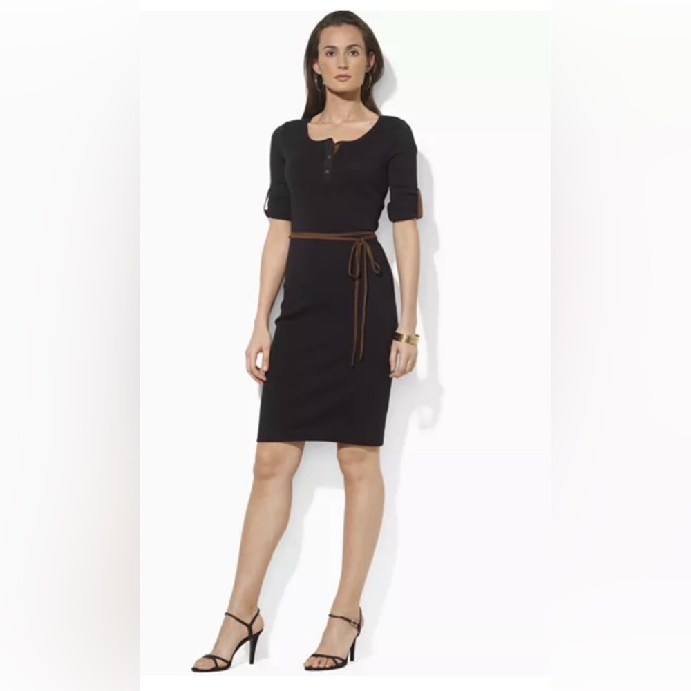 Lauren Ralph Lauren Black Analise Roll Sleeve Henley Dress With Belt XS